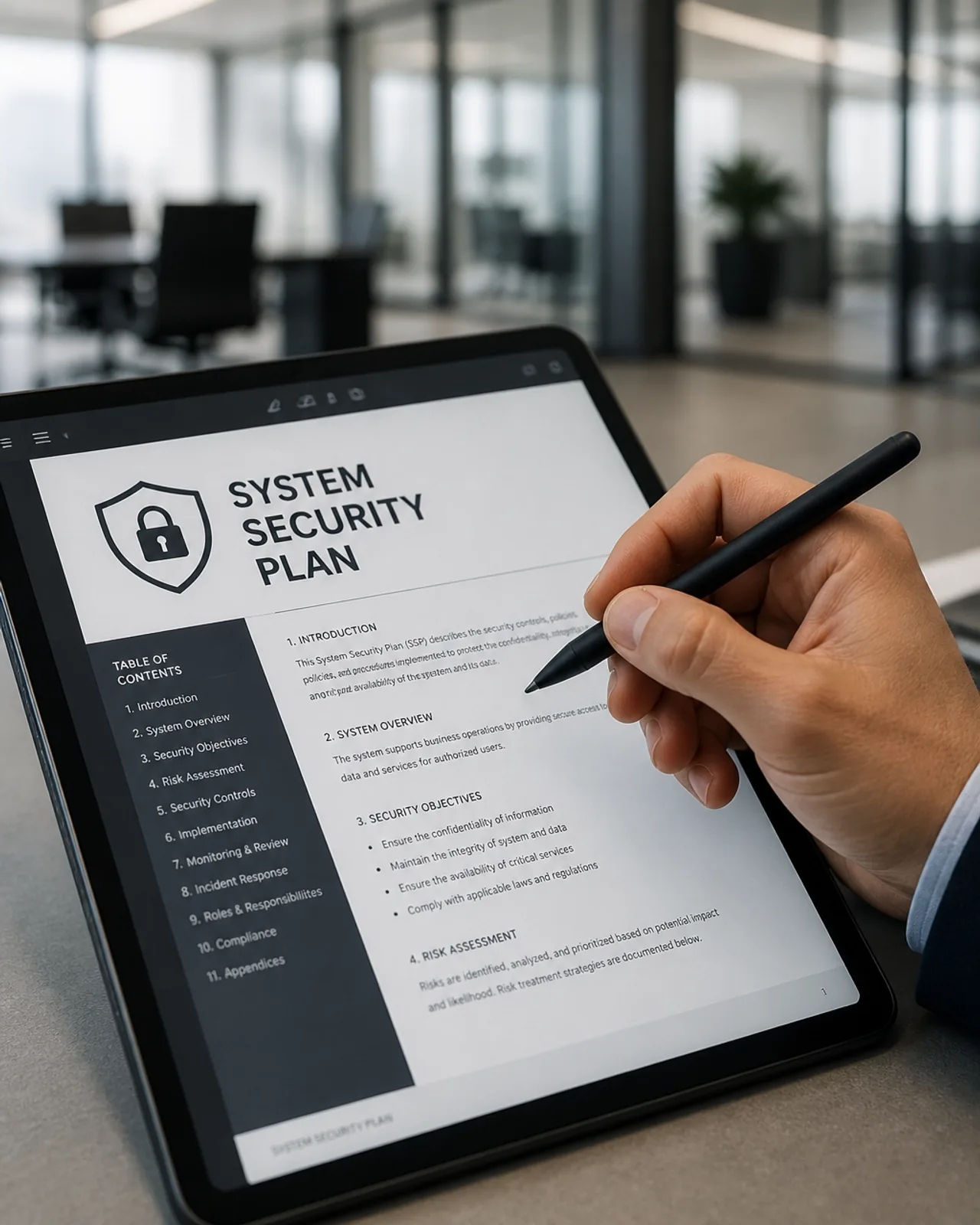 A professional documenting a System Security Plan on a modern digital tablet.