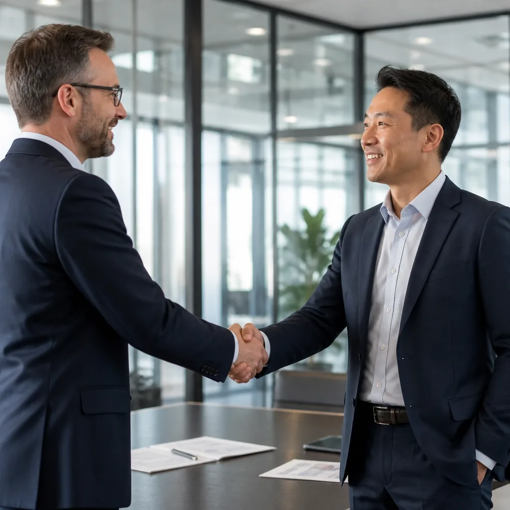 A professional handshake symbolizing a successful partnership in cybersecurity compliance and business growth.
