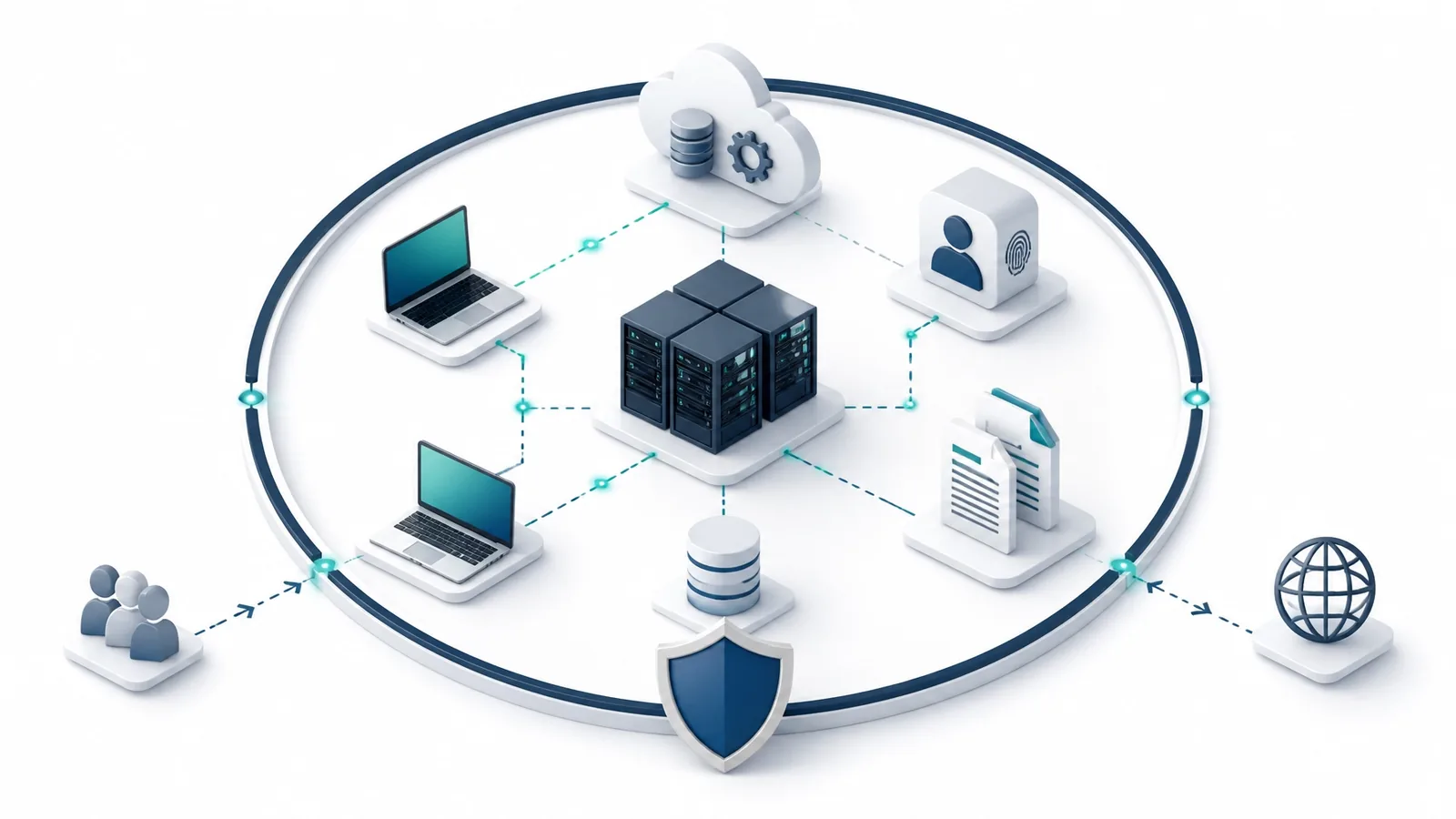 Abstract network boundary showing CUI systems, security tools, cloud services, and protected data flows