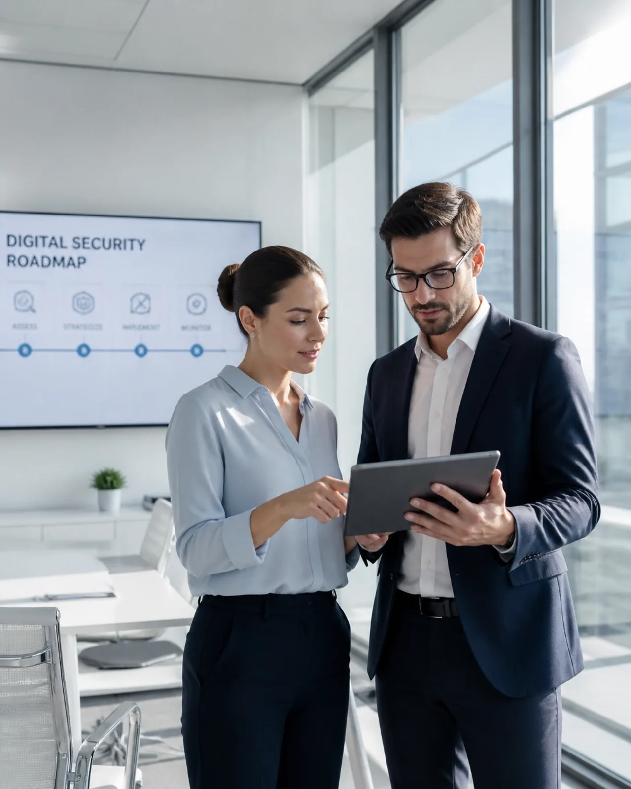 Two professionals in a modern office discussing a digital security roadmap