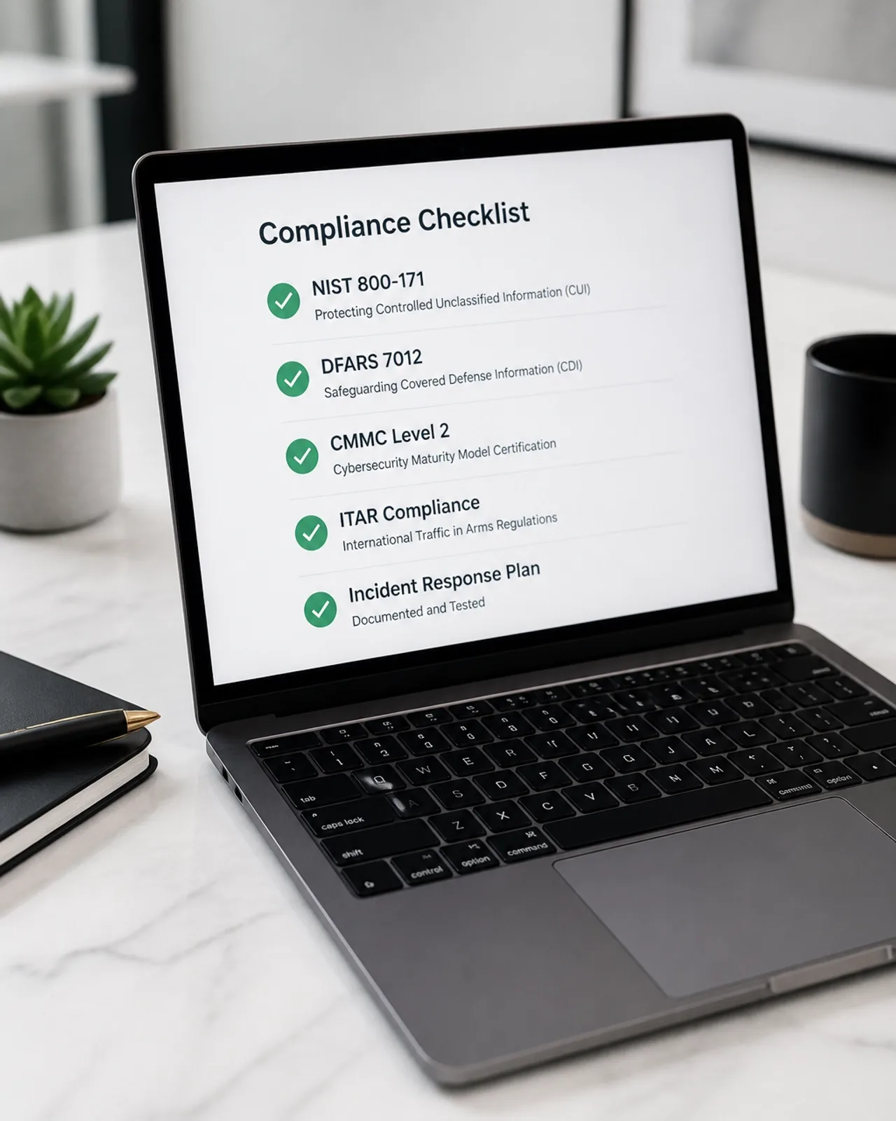 A laptop screen showing a NIST 800-171 and DFARS 7012 compliance checklist