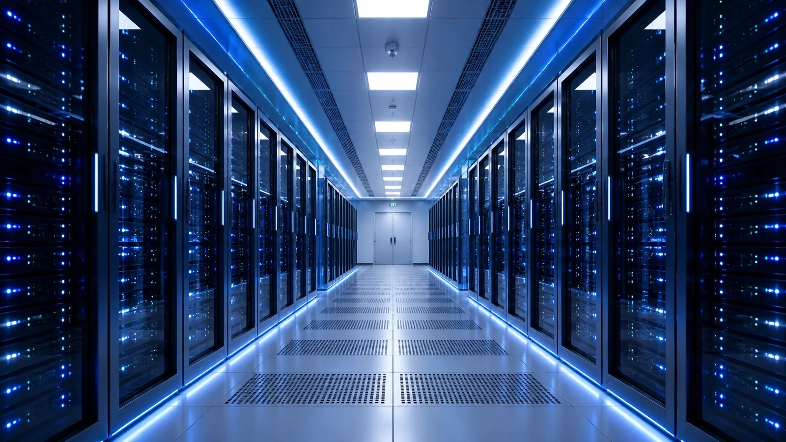 A sleek and modern server room conveying high-tech security
