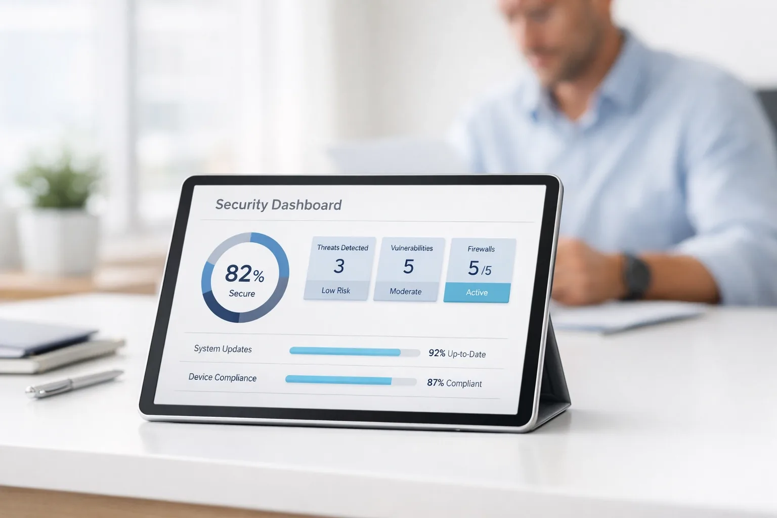 Professional reviewing a cybersecurity dashboard on a tablet as part of a CMMC gap analysis assessment.