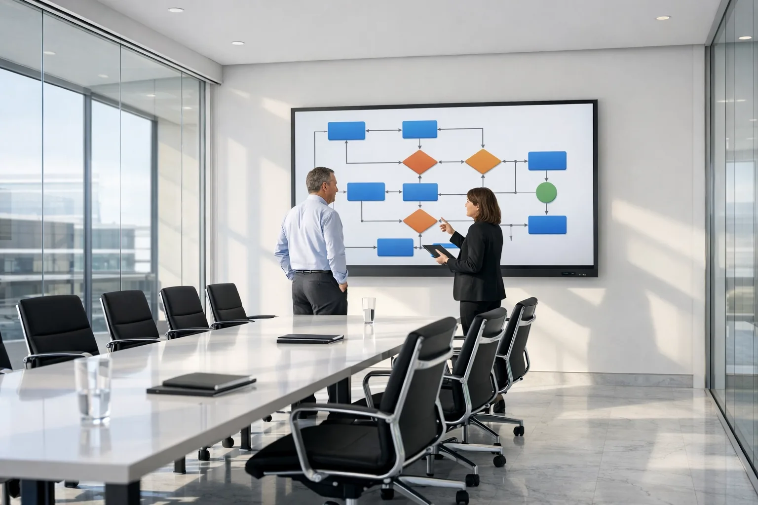 Cybersecurity professionals discussing a CMMC compliance roadmap and NIST 800-171 strategy in a modern office.