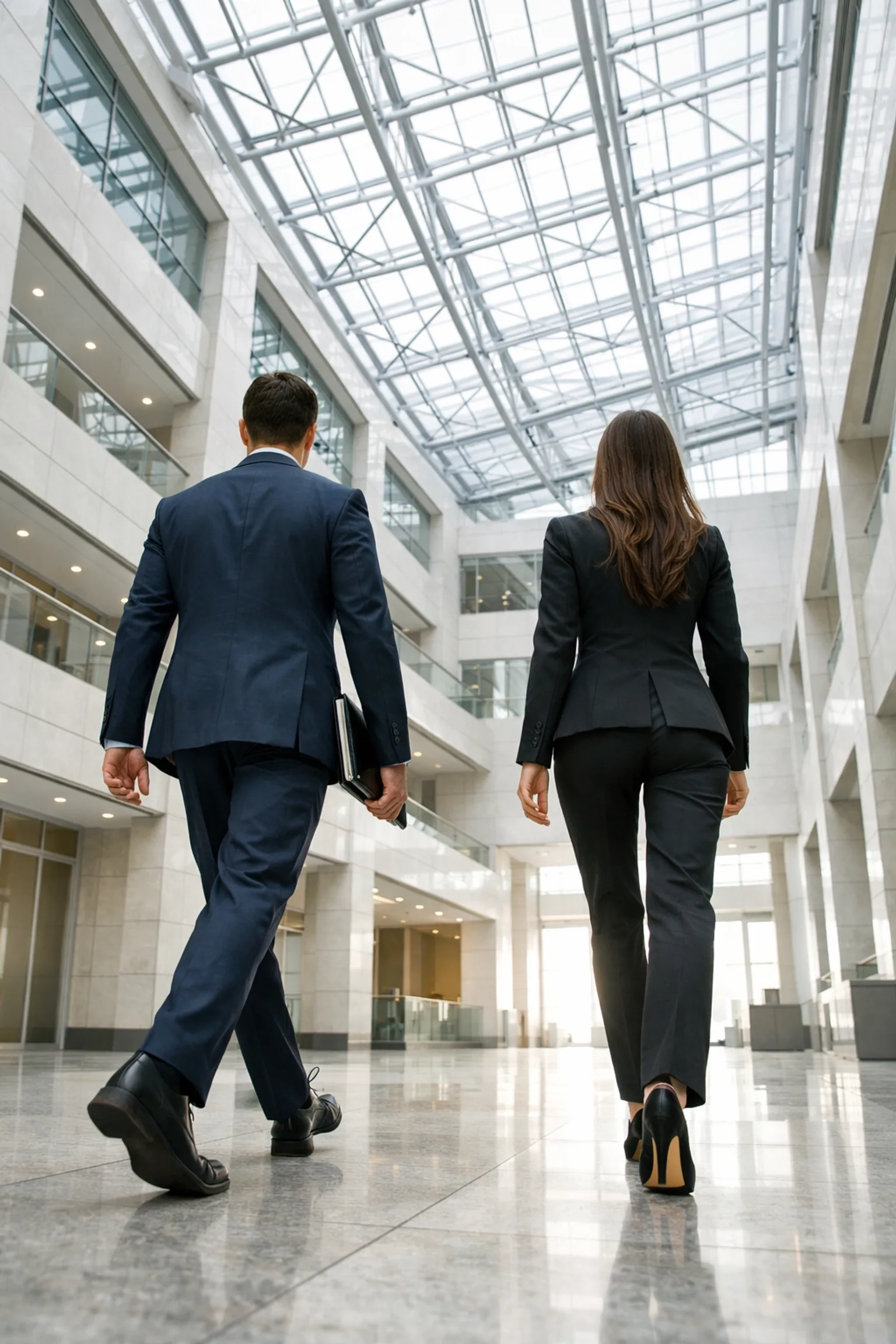 Confident professionals walking in a corporate atrium symbolizing the competitive edge of CMMC certification.